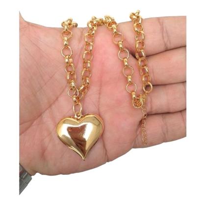 Imagem de Colar Choker Corrente Feminino Elos Português Grosso 50cm Pingente Coração Liso Folheado Ouro 18k Tendência