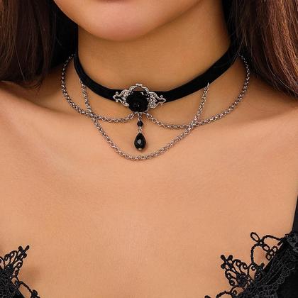 Imagem de Colar Choker De Corda De Algodão Preto Para Mulheres Com Corrente De Elos, Franjas E Contas De