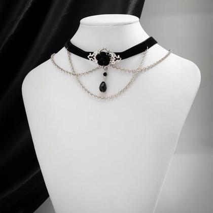 Imagem de Colar Choker De Corda De Algodão Preto Para Mulheres Com Corrente De Elos, Franjas E Contas De