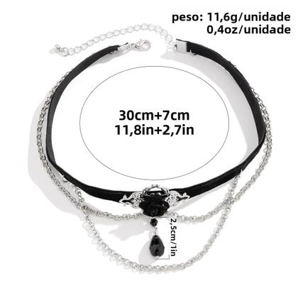 Imagem de Colar Choker De Corda De Algodão Preto Para Mulheres Com Corrente De Elos, Franjas E Contas De