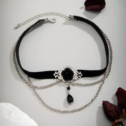 Imagem de Colar Choker De Corda De Algodão Preto Para Mulheres Com Corrente De Elos, Franjas E Contas De