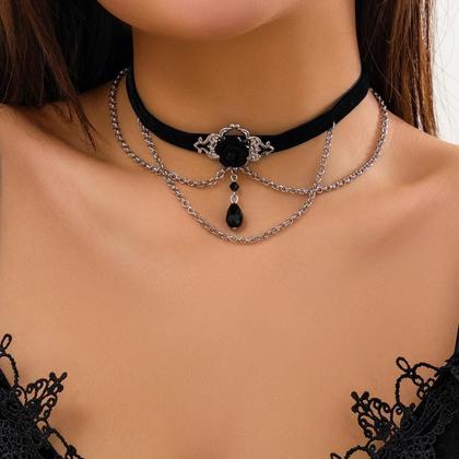 Imagem de Colar Choker De Corda De Algodão Preto Para Mulheres Com Corrente De Elos, Franjas E Contas De