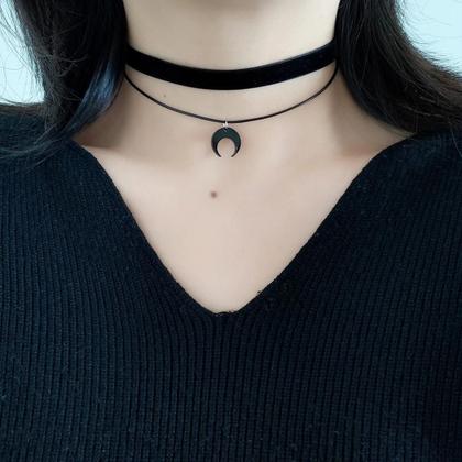 Imagem de Colar Choker De Lua Crescente Em Veludo Preto Com Dupla Camada Para Mulheres, Doce E Fofo, Em