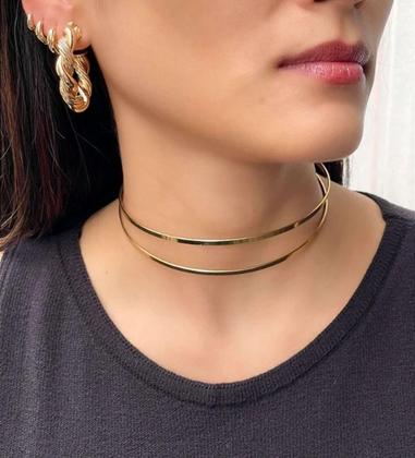 Imagem de Colar Choker Feminino Elo Aro Duplo Liso Metal Ajustável Folheado Ouro 18k Tendência Blogueira Lançamento 2023