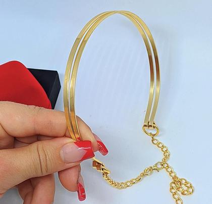 Imagem de Colar Choker Feminino Elo Aro Duplo Liso Metal Ajustável Folheado Ouro 18k Tendência Blogueira Lançamento 2023