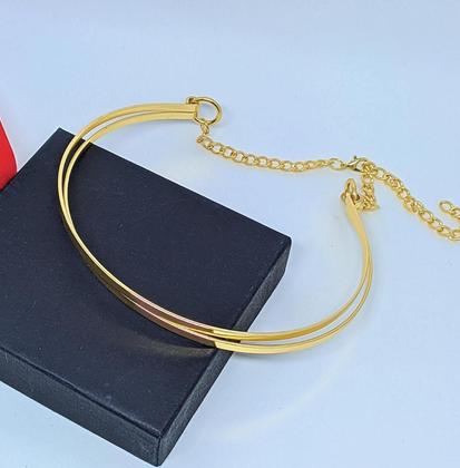 Imagem de Colar Choker Feminino Elo Aro Duplo Liso Metal Ajustável Folheado Ouro 18k Tendência Blogueira Lançamento 2023