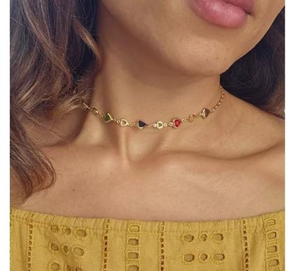 Imagem de Colar Choker Gargantilha Feminino Corações Cristal Coloridas Coração Cristais Folheado Ouro Dourado Prata Prateado Moda
