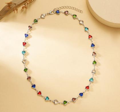 Imagem de Colar Choker Gargantilha Feminino Corações Cristal Coloridas Coração Cristais Folheado Ouro Dourado Prata Prateado Moda