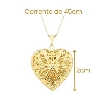 Imagem de Colar com 1 foto relicário coração telado pequeno folheado a ouro 18k