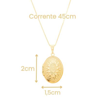Imagem de Colar Com 2 Fotos Relicário Oval Arabesco Ouro 18k Banhado