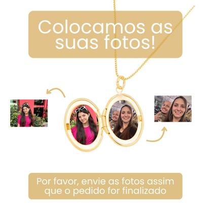 Imagem de Colar Com 2 Fotos Relicário Oval Arabesco Ouro 18k Banhado