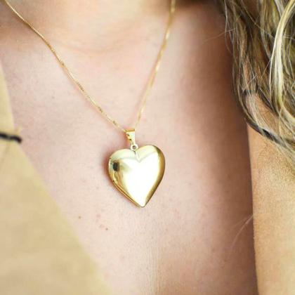 Imagem de Colar com duas fotos Relicário Coração Liso folheado a ouro