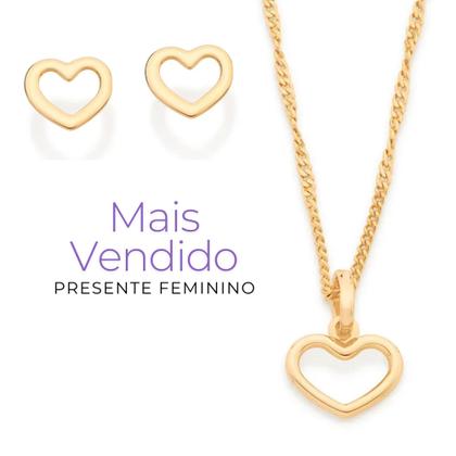 Imagem de Colar Com Pingente Coração Vazado + Brincos Rommanel Banhados A Ouro 18k