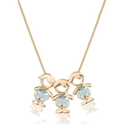 Imagem de Colar com pingente três Filhos meninos com cristal azul banhado em ouro 18k cordão mãe