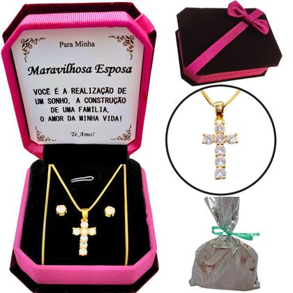 Imagem de Colar Conjunto Presente Esposa Maravilhosa Crucifixo Cx Veludo Luxo + Dedicatória