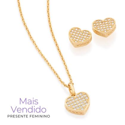 Imagem de Colar Coração Cravejado + Brincos Kit Presente Feminino Rommanel Lindo Elegante