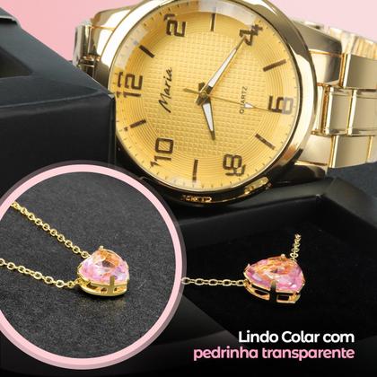 Imagem de Colar coração + pulseira + relogio feminino dourado strass aço inoxidavel ouro social presente