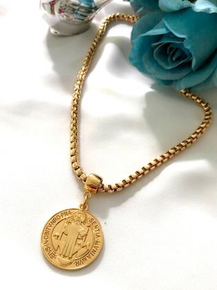 Imagem de Colar Cordão Corrente Feminino Medalha São Bento Semijoia