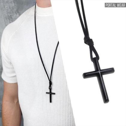 Imagem de Colar Cordão Masculino e Feminino com Pingente Crucifixo Cruz Preto Fosco Ajustável