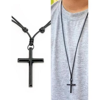 Imagem de Colar Cordão Masculino e Feminino com Pingente Crucifixo Cruz Preto Fosco Ajustável