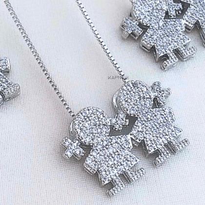 Imagem de Colar Cordão Pingente Filhos Mãe e Filho Banhado a Prata 