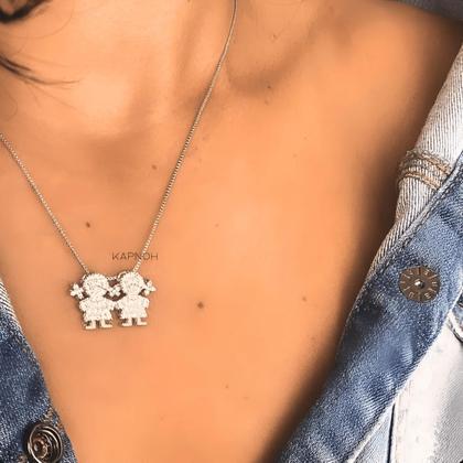 Imagem de Colar Cordão Pingente Filhos Mãe e Filho Banhado a Prata 