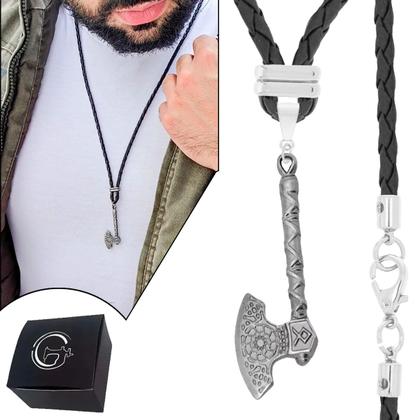 Imagem de Colar Cordão Trançado Machado Vikings Onix Aço Inoxidável