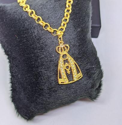 Imagem de Colar Corrente Feminino com Pingente Nossa Senhora Aparecida Cravejado Micro Zircônias Folheado Ouro 18k Elo Português