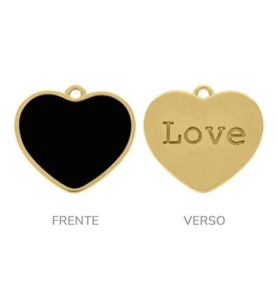 Imagem de Colar Corrente Feminino Elo Português Grosso Pingente Coração Liso 6mm Folheado Ouro 18k Dourado Cordão Preto Branco