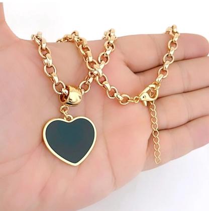 Imagem de Colar Corrente Feminino Elo Português Grosso Pingente Coração Liso 6mm Folheado Ouro 18k Dourado Cordão Preto Branco