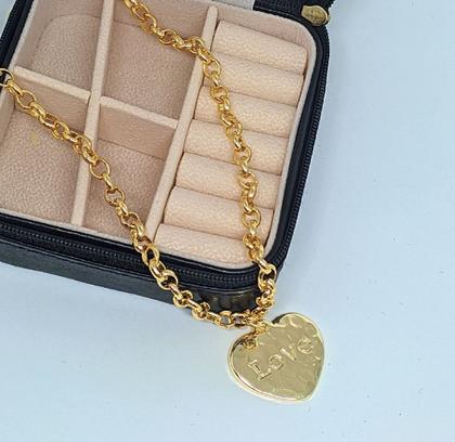 Imagem de Colar Corrente Feminino Elo Português Grosso Pingente Coração Liso 6mm Folheado Ouro 18k Dourado Cordão Preto Branco