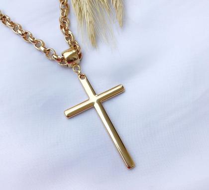 Imagem de Colar Corrente Feminino Elos Grosso Português com Pingente Cruz Crucifixo Folheado Ouro 18k Antialérgico