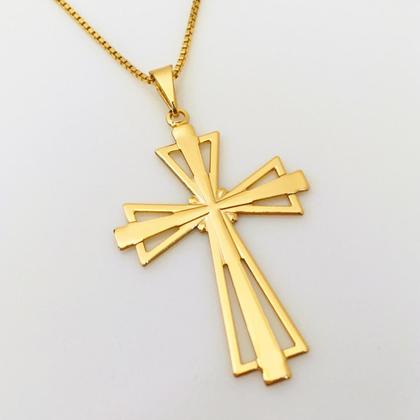 Imagem de Colar Correntinha Feminina Banhada a Ouro 18 k Pingente Cruz Crucifixo Vazado