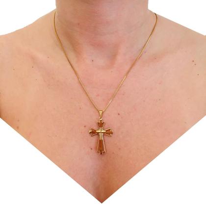 Imagem de Colar Correntinha Feminina Banhada a Ouro 18 k Pingente Cruz Crucifixo Vazado