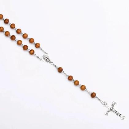 Imagem de Colar De Contas De Madeira De 8MM Com Crucifixo De Jesus Cristo INRI Para Mulheres E Homens