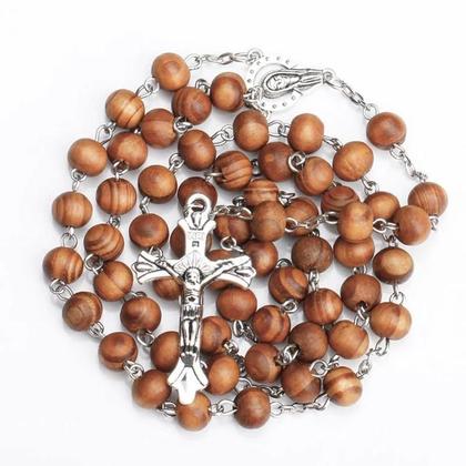 Imagem de Colar De Contas De Madeira De 8MM Com Crucifixo De Jesus Cristo INRI Para Mulheres E Homens