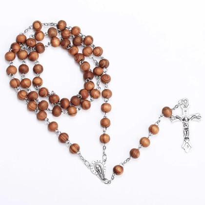 Imagem de Colar De Contas De Madeira De 8MM Com Crucifixo De Jesus Cristo INRI Para Mulheres E Homens