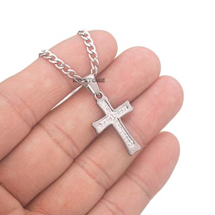 Imagem de Colar de cruz crucifixo prata cravejado ponto de luz strass masculino feminino 45cm 60cm 70CM