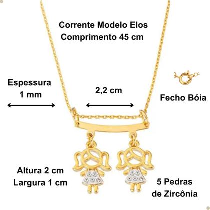 Imagem de Colar De Filhos Com 2 Pingentes Menino ou Menina com Pedras de Zircônia Banhado Ouro 18K Banho Antialérgico Marca Andréia Branco Acessórios