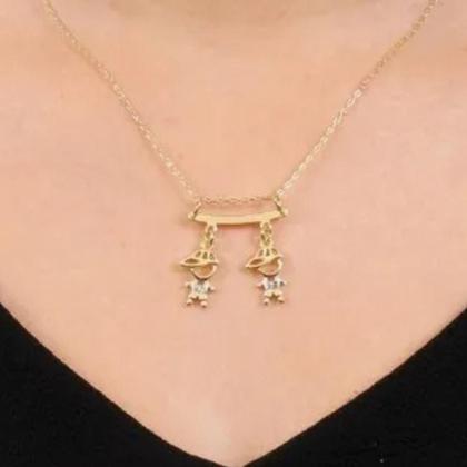 Imagem de Colar De Filhos Com 2 Pingentes Menino ou Menina com Pedras de Zircônia Banhado Ouro 18K Banho Antialérgico Marca Andréia Branco Acessórios