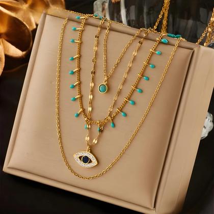 Imagem de Colar de Olho Grego com Pedra Verde - Aço Inoxidável 316L - Gargantilha Vintage Multicamadas