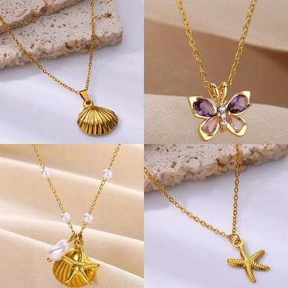 Imagem de Colar De Pérola Com Concha De Estrela Do Mar Vintage Dourado Para Mulheres, Pingente De Aço