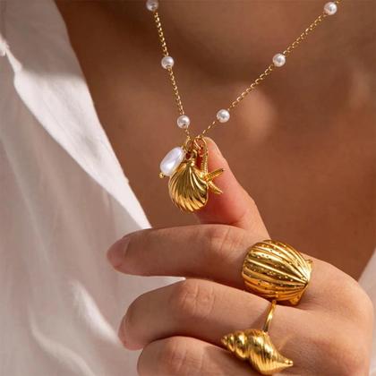 Imagem de Colar De Pérola Com Concha De Estrela Do Mar Vintage Dourado Para Mulheres, Pingente De Aço