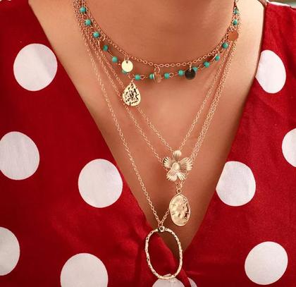 Imagem de Colar Dourado Multicamadas Delicado Pingente Flor ul Gota