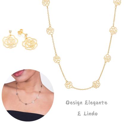 Imagem de Colar E Brincos Rosas Vazadas Rommanel Banhados A Ouro 18k Lindo Delicado