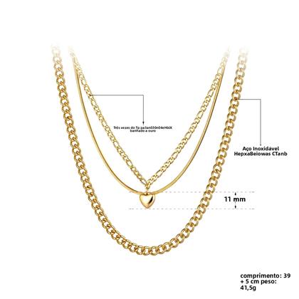 Imagem de Colar Feminino Boêmio com Pingente de Coração Tri-Camada em Titânio e Aço Inoxidável