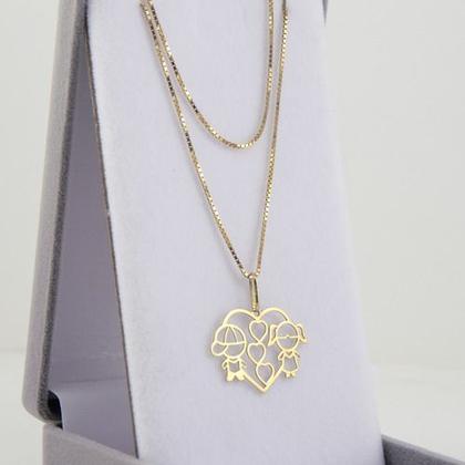 Imagem de Colar Feminino Coração Menina E Menino Ouro 18k 750 50 Cm