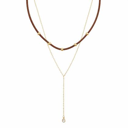 Imagem de Colar Feminino Cordão Courinho Gravata Pingente Ponto de Luz Zircônia Cristal, Banhado á ouro 18k