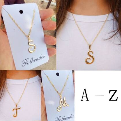 Imagem de Colar feminino corrente de Letras folheado cor dourado gargantilha Letra Inicial do seu Nome
