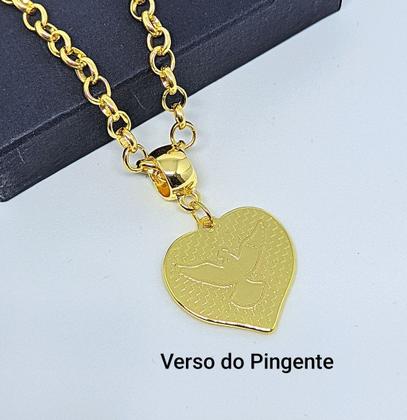 Imagem de Colar Feminino Corrente Elo Português elos grosso com Pingente medalha Coraçao Love Divino espirito santo Folheado Ouro